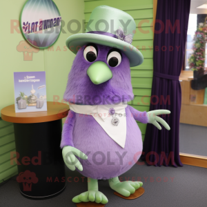 Lavender Kiwi mascot costume character dressed with a Mini Skirt and Tie pins