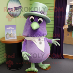 Lavender Kiwi mascot costume character dressed with a Mini Skirt and Tie pins