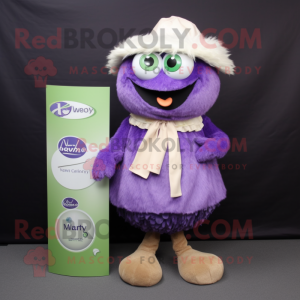 Lavender Kiwi mascot costume character dressed with a Mini Skirt and Tie pins