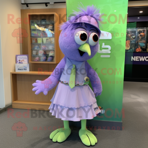 Lavender Kiwi mascot costume character dressed with a Mini Skirt and Tie pins