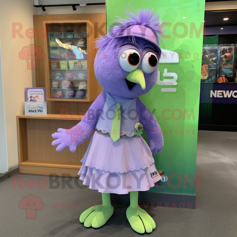 Lavender Kiwi mascot costume character dressed with a Mini Skirt and Tie pins Lavender Kiwi mascot costume character dressed with a Mini Skirt and Tie pins