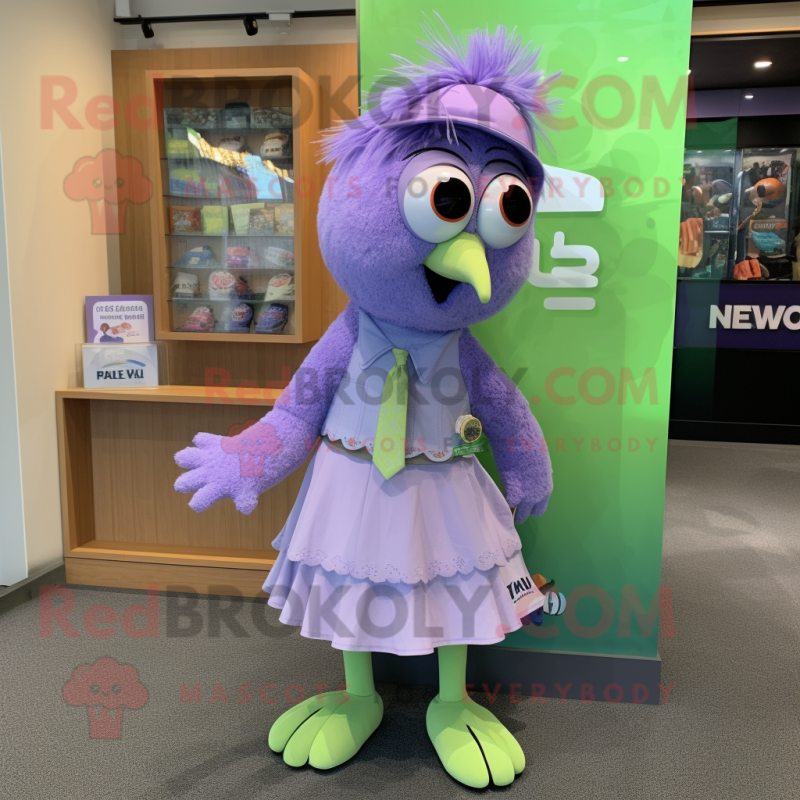 Lavender Kiwi mascot costume character dressed with a Mini Skirt and Tie pins