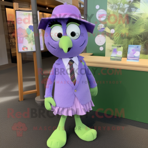 Lavender Kiwi mascot costume character dressed with a Mini Skirt and Tie pins