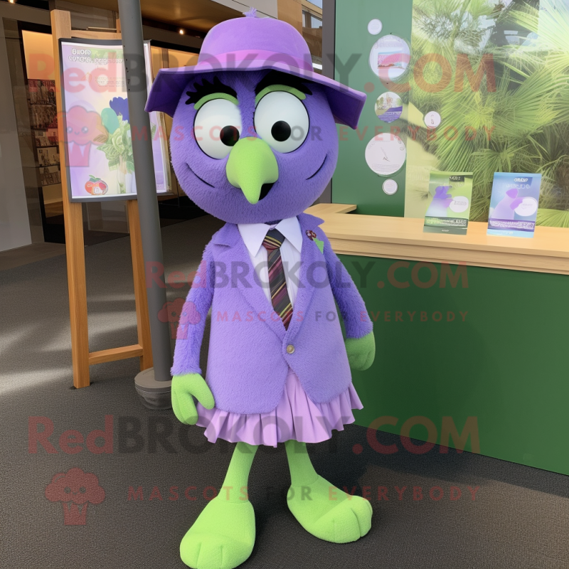 Lavender Kiwi mascot costume character dressed with a Mini Skirt and Tie pins Lavender Kiwi mascot costume character dressed with a Mini Skirt and Tie pins