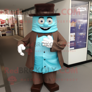Cyan Chocolate Bar mascot costume character dressed with a Dress Shirt and Hats