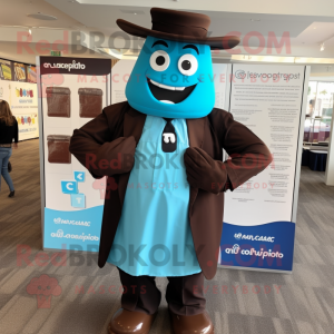Cyan Chocolate Bar mascot costume character dressed with a Dress Shirt and Hats