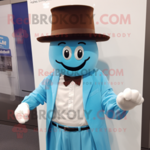 Cyan Chocolate Bar mascot costume character dressed with a Dress Shirt and Hats