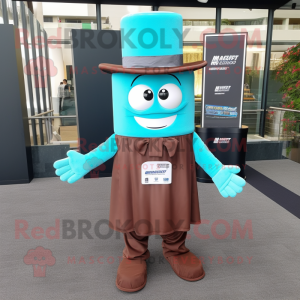 Cyan Chocolate Bar mascot costume character dressed with a Dress Shirt and Hats