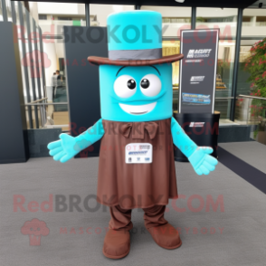 Cyan Chocolate Bar mascot costume character dressed with a Dress Shirt and Hats