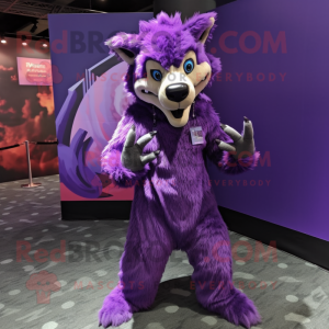 Purple Hyena mascot costume character dressed with a Cover-up and Anklets