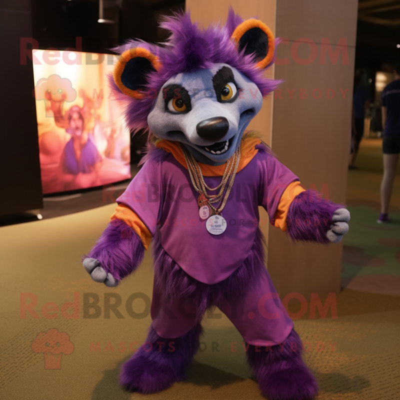 Purple Hyena mascot costume character dressed with a Cover-up and Anklets