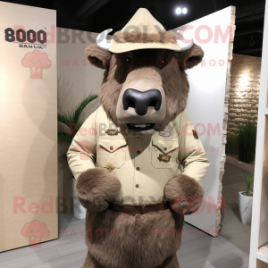 Beige Bison mascot costume character dressed with a Vest and Cummerbunds