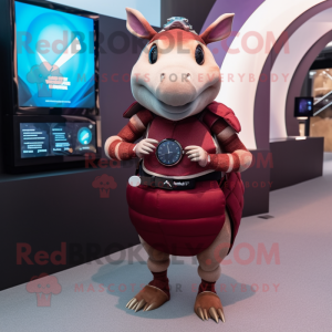 Maroon Armadillo mascot costume character dressed with a Mini Skirt and Smartwatches