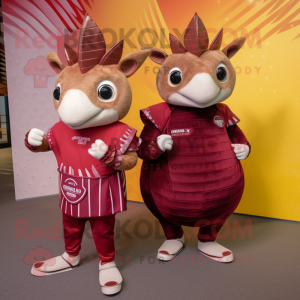 Maroon Armadillo mascot costume character dressed with a Mini Skirt and Smartwatches