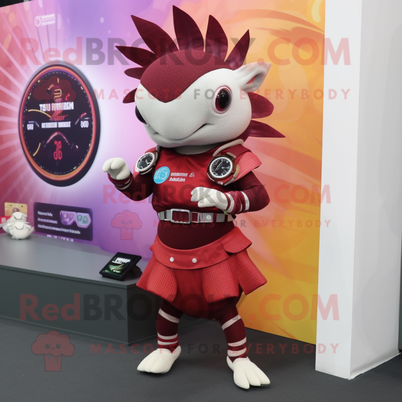 Maroon Armadillo mascot costume character dressed with a Mini Skirt and Smartwatches