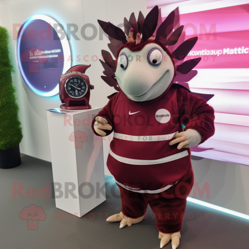 Maroon Armadillo mascot costume character dressed with a Mini Skirt and Smartwatches