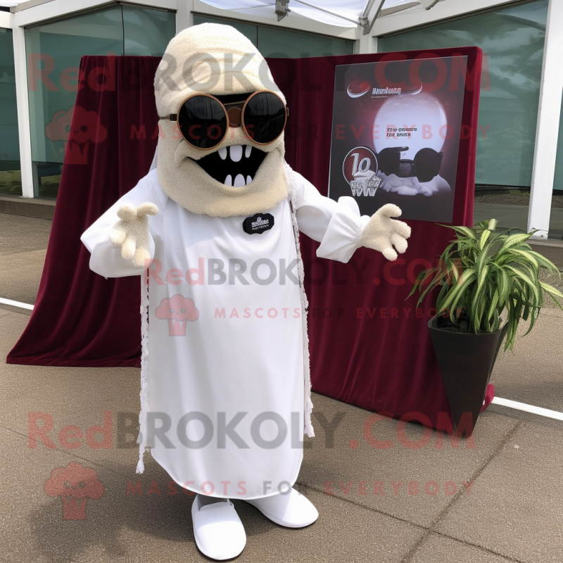 Maroon Graveyard mascot costume character dressed with a Wedding Dress and Sunglasses