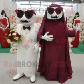 Maroon Graveyard mascot costume character dressed with a Wedding Dress and Sunglasses