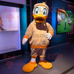 Tan Duck mascot costume character dressed with a Joggers and Headbands