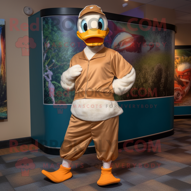 Tan Duck mascot costume character dressed with a Joggers and Headbands Tan Duck mascot costume character dressed with a Joggers and Headbands