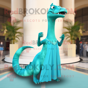 Cyan Brachiosaurus mascot costume character dressed with a Empire Waist Dress and Anklets