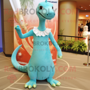 Cyan Brachiosaurus mascot costume character dressed with a Empire Waist Dress and Anklets