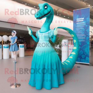 Cyan Brachiosaurus mascot costume character dressed with a Empire Waist Dress and Anklets