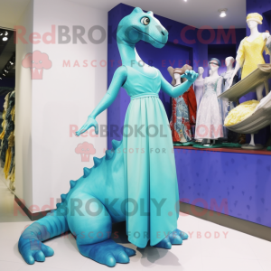 Cyan Brachiosaurus mascot costume character dressed with a Empire Waist Dress and Anklets