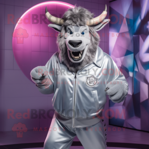 Silver Minotaur mascot costume character dressed with a Windbreaker and Lapel pins