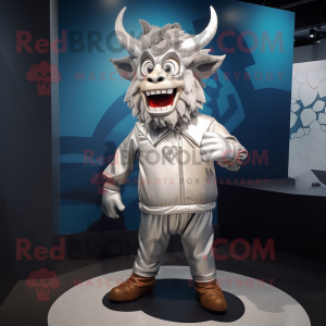 Silver Minotaur mascot costume character dressed with a Windbreaker and Lapel pins
