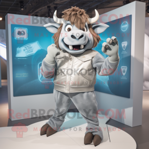 Silver Minotaur mascot costume character dressed with a Windbreaker and Lapel pins