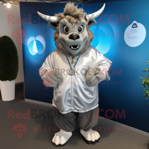 Silver Minotaur mascot costume character dressed with a Windbreaker and Lapel pins