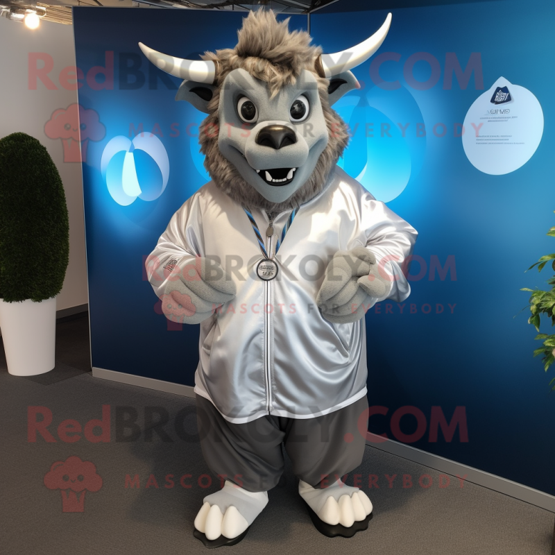 Silver Minotaur mascot costume character dressed with a Windbreaker and Lapel pins Silver Minotaur mascot costume character dressed with a Windbreaker and Lapel pins
