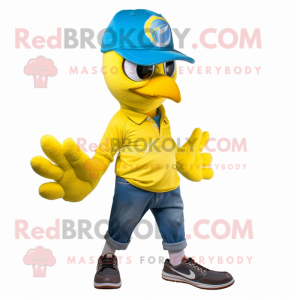 Lemon Yellow Blue Jay mascot costume character dressed with a Jeans and Foot pads