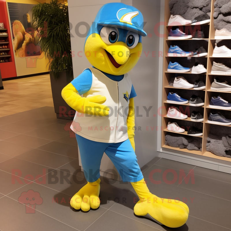 Lemon Yellow Blue Jay mascot costume character dressed with a Jeans and Foot pads