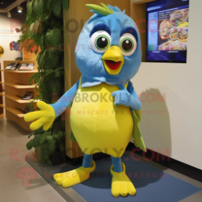 Lemon Yellow Blue Jay mascot costume character dressed with a Jeans and Foot pads