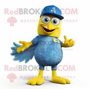 Lemon Yellow Blue Jay mascot costume character dressed with a Jeans and Foot pads