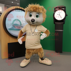 Beige Kiwi mascot costume character dressed with a Henley Tee and Bracelet watches