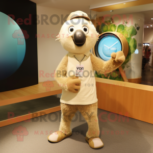 Beige Kiwi mascot costume character dressed with a Henley Tee and Bracelet watches