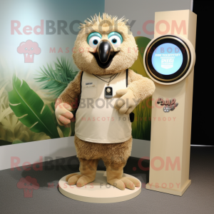 Beige Kiwi mascot costume character dressed with a Henley Tee and Bracelet watches