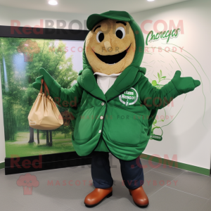 Forest Green Croissant mascot costume character dressed with a Jacket and Tote bags