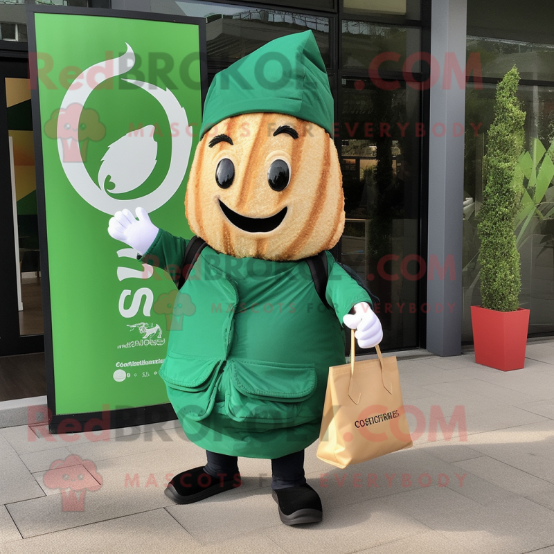 Forest Green Croissant mascot costume character dressed with a Jacket and Tote bags