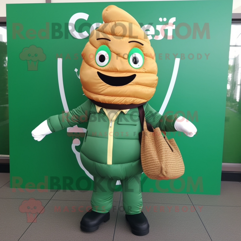 Forest Green Croissant mascot costume character dressed with a Jacket and Tote bags