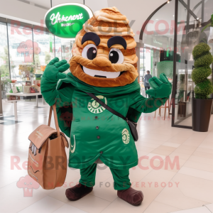 Forest Green Croissant mascot costume character dressed with a Jacket and Tote bags