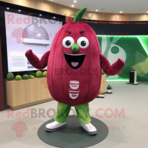 Maroon Watermelon mascot costume character dressed with a Sweatshirt and Belts