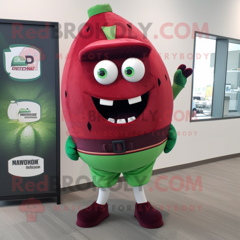 Maroon Watermelon mascot costume character dressed with a Sweatshirt and Belts