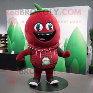 Maroon Watermelon mascot costume character dressed with a Sweatshirt and Belts