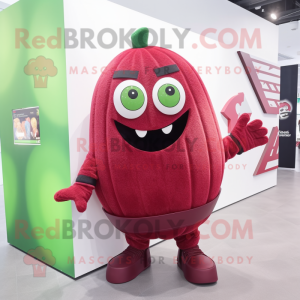Maroon Watermelon mascot costume character dressed with a Sweatshirt and Belts