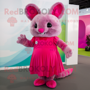 Magenta Chinchilla mascot costume character dressed with a Pleated Skirt and Shoe laces