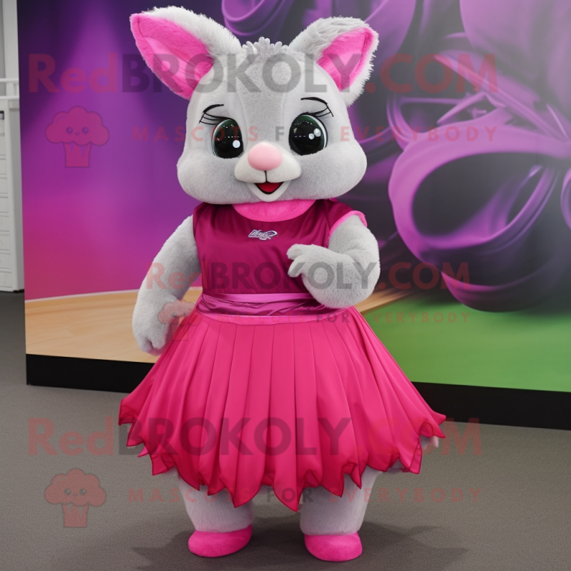 Magenta Chinchilla mascot costume character dressed with a Pleated Skirt and Shoe laces